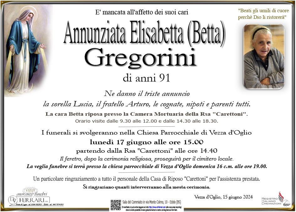 ANNUNZIATA ELISABETTA (BETTA) GREGORINI - VEZZA D'OGLIO